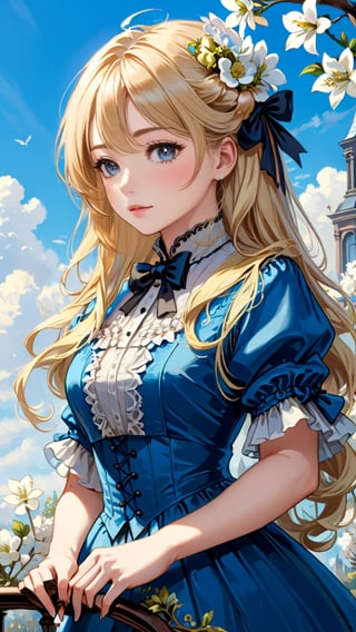 A girl in the Victorian era, outdoor, blue sky, (masterpiece, top quality, best quality, official art, beautiful and aesthetic:1.2), (1girl:1.4), blonde hair, portrait, extreme detailed, highest detailed, springtime is in full swing,more detail XL,colorful