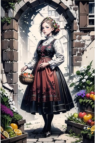 A medieval girl in traditional dress, vegetables and fruits, at a farmer's market, mysterious medieval, masterpiece,High detailed,CrclWc,Detail,Half-timbered Construction,INK art,polish dress