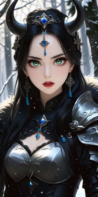 A fierce Norse female warrior wielding a battle axe in a snowy forest. (masterpiece, high quality, 8K, high_res:1.5), surreal picture, extremely detailed, 1girl, solo, long hair, looking at viewer, blue eyes, simple background, hair ornament, hair between eyes, jewelry, upper body, earrings, lips, fur trim, eyelashes, gem, tassel, portrait, beads, Yanjun Cheng style, hazy beauty, emo, (sharp eyes:1.4), (rebellious:1.4), (fierce:1.4), tight lips. Intricate earrings, dirty worn hardcore style, long boots, creating a magical style, high brightness and low color palette, masterpiece,portraitart,dark,dark moody atmosphere,glowing sword,chiaroscuro,dark and moody,low-key