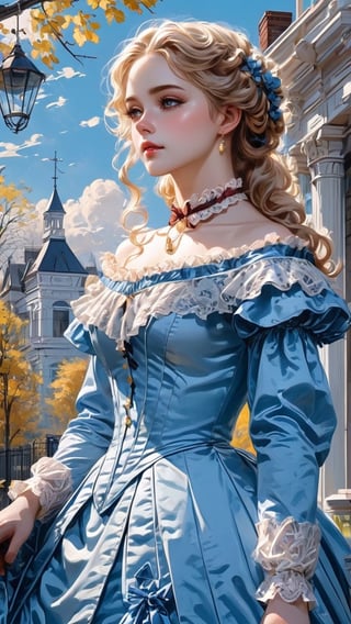 A girl in the Victorian era, outdoor, blue sky, (masterpiece, top quality, best quality, official art, beautiful and aesthetic:1.2), (1girl:1.4), blonde hair, portrait, extreme detailed, highest detailed, colorful,victorian dress,hoopdress,