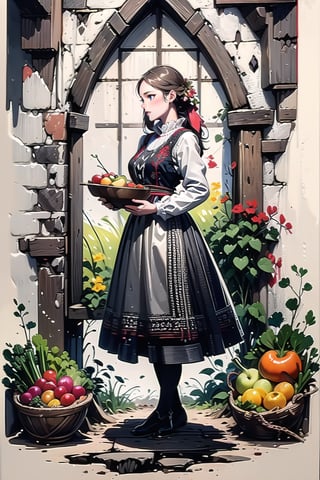 A medieval girl in traditional dress, vegetables and fruits, at a farmer's market, mysterious medieval, masterpiece,High detailed,CrclWc,Detail,Half-timbered Construction,INK art,polish dress