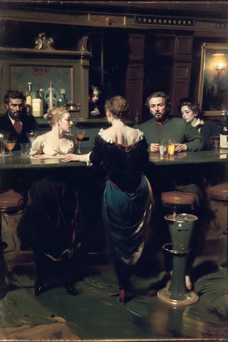 In a bustling Parisian bar with a bartender and patrons engaged in lively conversations, with reflections of the barmaid and the surrounding atmosphere in the mirrors behind. Capturing the essence of Manet's 'A Bar at the Folies-Bergeres'.
Masterpiece,oil painting,High detailed,masterpiece,classic painting