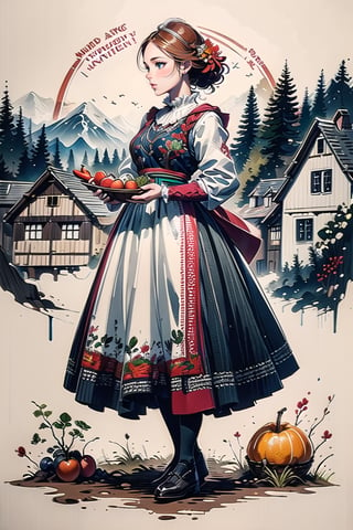 A medieval girl in traditional dress, vegetables and fruits, at a farmer's market, mysterious medieval, masterpiece,High detailed,CrclWc,Detail,Half-timbered Construction,polish dress,INK art