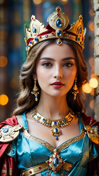 A portrait of Theodora, Byzantine Empress, radiating regal grace and strength in the style of Byzantine iconography.  (masterpiece, top quality, best quality, official art, beautiful and aesthetic:1.2), (1girl:1.4), portrait, extreme detailed, highest detailed, simple background, 16k, high resolution, perfect dynamic composition, bokeh, (sharp focus:1.2), super wide angle, high angle, high color contrast, medium shot, depth of field, blurry background,