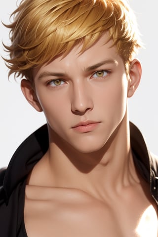 1 cool, handsome man with sharp eyes, ((blank background)), head and shoulders portrait, short hair, blonde hair, shining golden eyes, warrior, large forehead,2b,1guy,1girl,vane /(granblue fantasy/),centralasia