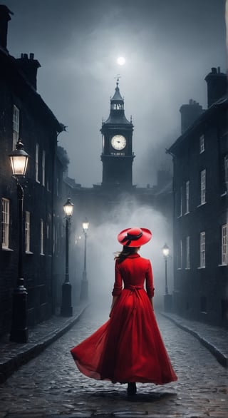 black and white photo, in a cobblestone alley of 18th century London at night, lots of fog, lit by street lamps, a girl walks down the street in red evening dress blown by the wind, a red hat, mysterious atmosphere, (masterpiece, top quality, best quality, official art, beautiful and aesthetic:1.2), (1girl:1.4), portrait, extreme detailed, highest detailed, simple background, 16k, high resolution, perfect dynamic composition, bokeh, (sharp focus:1.2), super wide angle, high angle, high color contrast, medium shot, depth of field, blurry background, low light, mysterious scene, sleepy hollow style, moody colors, chinese ink drawing,potma style,