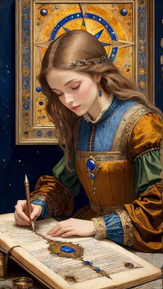 (masterpiece, top quality, best quality, official art, beautiful and aesthetic:1.2), (1girl:1.4), extreme detailed, A female astrologer transcribing information, (medieval manuscript style) mixed with Gustave Moreau's painting style,