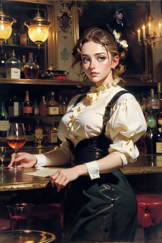 In a bustling Parisian bar with a bartender and patrons engaged in lively conversations, with reflections of the barmaid and the surrounding atmosphere in the mirrors behind. Capturing the essence of Manet's 'A Bar at the Folies-Bergeres' ,
(masterpiece, top quality, best quality, official art, beautiful and aesthetic:1.2), extreme detailed, highest detailed, ,Masterpiece,Color Booster