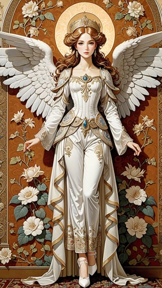 James C Christensen full body standing resplendent ornate female angel, wearing white taffeta and high heel shoes, tapestry background,more detail XL