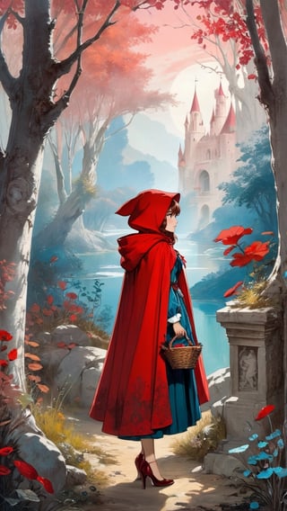 (1 girl:1.2), 'Little Red Riding Hood', Grimm's fairy tale and the Renaissance by Gustave Moreau, maximalism luxury and vibrant, daytime, outdoor, landscape, pastel colors, smooth and beautiful lines, ultra-realistic, fine textures and rich details, colorful,
