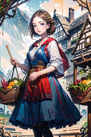 A medieval girl in traditional dress, vegetables and fruits, at a farmer's market, mysterious medieval, masterpiece,High detailed,CrclWc,Detail,Half-timbered Construction,INK art,swedish dress