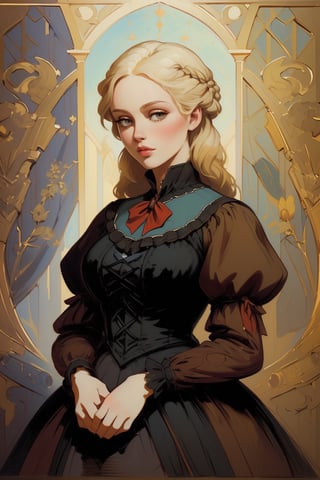 A girl in the Victorian era, promenade attire, (masterpiece, top quality, best quality, official art, beautiful and aesthetic:1.2), (1girl:1.4), vivid color, blonde hair, extreme detailed, highest detailed,oil painting,masterpiece,classic painting,BrgEy