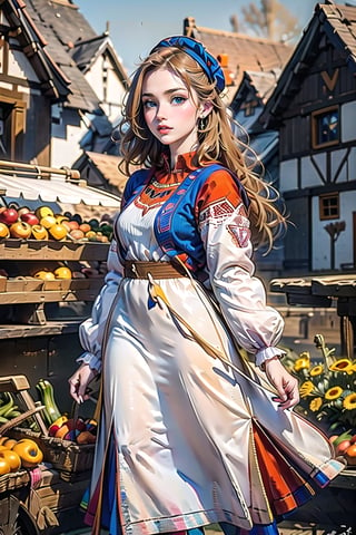 A medieval girl in traditional dress, vegetables and fruits, at a farmer's market, mysterious medieval, masterpiece,High detailed,CrclWc,Detail,Half-timbered Construction,INK art,ukrainian dress