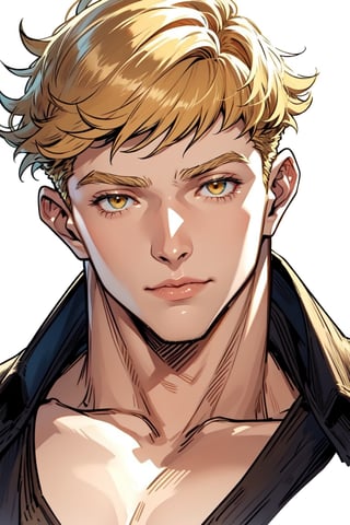 1 cool, handsome man with sharp eyes, ((blank background)), head and shoulders portrait, short hair, blonde hair, shining golden eyes, warrior, large forehead,2b,1guy,1girl,vane /(granblue fantasy/),centralasia, ,cute blond boy,More Detail