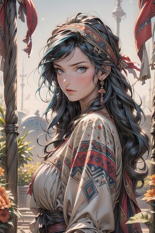 1 girl, flowers, outdoor, sky, extreme detailed, realistic, solo, official art, extremely detailed, extreme realistic, beautifully detailed eyes, detailed fine nose, detailed fingers. Art Nouveau,vane /(granblue fantasy/),CrclWc,centralasia,FOLK,perfect light,wrenchftmfshn,Nico,YAMATO,Blue hair