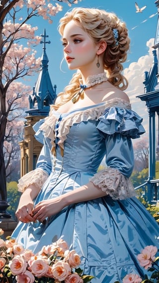 A girl in the Victorian era, outdoor, blue sky, (masterpiece, top quality, best quality, official art, beautiful and aesthetic:1.2), (1girl:1.4), blonde hair, portrait, extreme detailed, highest detailed, springtime,colorful,victorian dress,hoopdress,