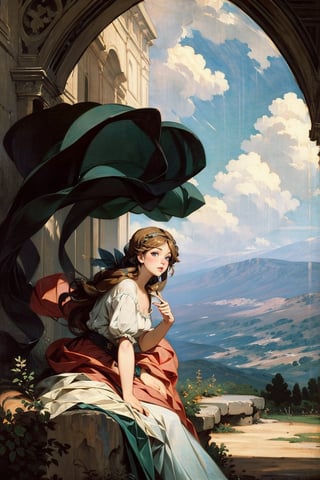 1 girl, a troubadour with sweet smile, landscape, Renaissance beauty, by Raphael, masterpiece,renaissance,edgRenaissance,