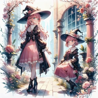1girl, solo, looking at viewer, blush, short hair, bangs, blue eyes, skirt, long sleeves, hat, full body, pink hair, flower, boots, frills, puffy sleeves, indoors, black footwear, high heels, book, witch hat, rose, red flower, high heel boots, pink skirt, witch, book stack, cat, CrclWc