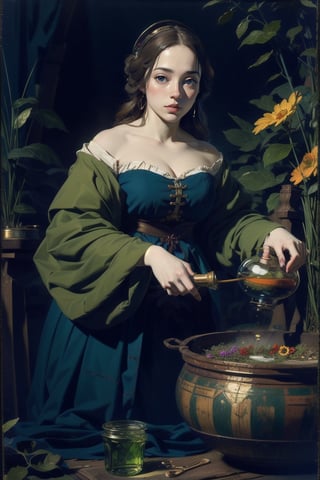 1girl, a medieval witch, makng a magic potion, various potion-making tools, dried herbs and plants, spring color palette, medieval traditional attire, magic potions, by Vermeer. masterpiece,More Detail, vivid colors, (masterpiece, top quality, best quality, official art, beautiful and aesthetic:1.2), extreme detailed, highest detailed, ,Colors,Color Booster,oil painting,classic painting