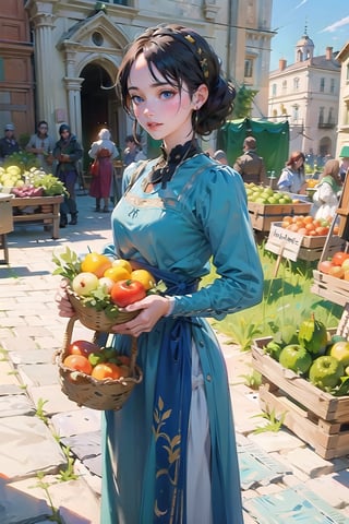 A medieval girl in traditional dress, vegetables and fruits, at a farmer's market, mysterious medieval, masterpiece,High detailed,watercolor,edgRenaissance,wearing edgRenaissance