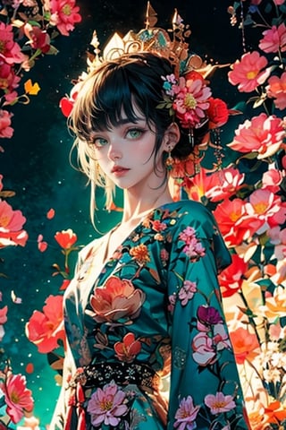 anime delicate detailed concept art, masterpiece, ultra realistic illustration, ultra hires, ultra highres, BREAK woman, close up shot, face focused, sparkling beautiful eyes, blue eyes, silver hair, flat bangs, flower dress, colorful, vibrant colors, darl background, green theme, beautiful colorful flowers backgrounds, exposure blend, medium shot, bokeh, (hdr:1.4), high contrast, (cinematic, teal and orange:0.85), (muted colors, dim colors, soothing tones:1.3), low angle saturation,from below, looking away, Shinkai makoto, //Lighting atmospheric lighting, volumetric lighting, light_particles, soft light, soft shadow, fine detailed, volumetric top lighting,Oiran,hanfuandflower