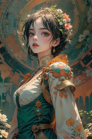 A serene maiden, clad in ethereal robes of pale green and creamy white, stands amidst a lush verdant backdrop, Renaissance beauty, by Raphael, edgRenaissance,Color Booster, masterpiece, ultra realistic illustration, ultra hires, ultra highres, colorful, vibrant colors, darl background, green theme, beautiful colorful flowers backgrounds, exposure blend, medium shot, bokeh, (hdr:1.4), high contrast, (cinematic, teal and orange:0.85), (muted colors, dim colors, soothing tones:1.3), low angle saturation,from below, looking away, Shinkai makoto, //Lighting atmospheric lighting, volumetric lighting, light_particles, soft light, soft shadow, fine detailed, volumetric top lighting