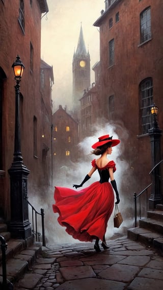 In a cobblestone alley of 18th century London at night, lots of fog, lit by street lamps, a girl walks down the street in red evening dress blown by the wind, a red hat, mysterious atmosphere, (masterpiece, top quality, best quality, official art, beautiful and aesthetic:1.2), (1girl:1.4), portrait, extreme detailed, highest detailed, simple background, 16k, high resolution, perfect dynamic composition, bokeh, (sharp focus:1.2), super wide angle, high angle, high color contrast, medium shot, depth of field, blurry background,potma style, ,digital artwork by Beksinski,SelectiveColorStyle