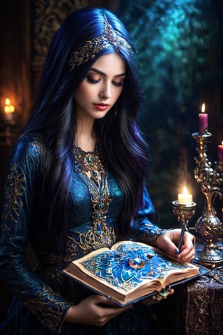 (masterpiece, top quality, best quality, official art, beautiful and aesthetic:1.2), A witch engrossed in the study of magic, a magic array glowing on the pages of a spellbook, (dimly lit workshop:1.2), witch robe, witch hat, portrait, extreme detailed, highest detailed, simple background, 16k, high resolution, perfect dynamic composition, (sharp focus:1.2), super wide angle, high angle, high color contrast, medium shot, depth of field, blurry background,glitter