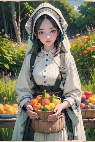 A medieval girl in traditional dress, vegetables and fruits, at a farmer's market, mysterious medieval, masterpiece,High detailed,watercolor,slavic dress
