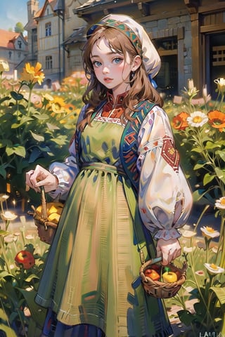 A medieval girl in traditional dress, vegetables and fruits, at a farmer's market, mysterious medieval, masterpiece,High detailed,watercolor,ukrainian dress