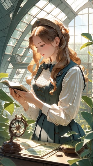 (masterpiece, top quality, best quality, official art, beautiful and aesthetic:1.2), (1girl:1.4), extreme detailed, A Victorian-era female naturalist, carefully examines specimens in her hands in a sunlit large greenhouse. Her expression reflects a blend of fascination and scholarly focus as she documents the intricacies of the natural world.,watercolor \(medium\),