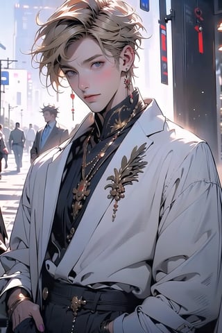 1 man, outdoor, sky, extreme detailed, realistic, solo, official art, extremely detailed, extreme realistic, beautifully detailed eyes, detailed fine nose, detailed fingers, wearing gold embroidered jacket court uniform costume, high quality, beautiful high detailed blonde short hair. Art Nouveau,vane /(granblue fantasy/),CrclWc,centralasia,nodf_lora,xjrex,midjourney,wrenchftmfshn