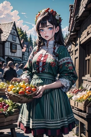 A medieval girl in traditional dress, vegetables and fruits, at a farmer's market, mysterious medieval, masterpiece,High detailed,CrclWc,Detail,Half-timbered Construction,polish dress