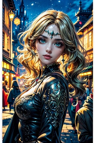 (masterpiece, top quality, best quality, official art, beautiful and aesthetic:1.2), (1girl:1.4), upper body, blonde hair, portrait, extreme detailed, highest detailed, dynamic pose, head to thigh portrait, (beautiful, sensual witch with wavy hair), (medieval fantasy, bustling town square), wide shot, ,1 girl,Studio Ghibli