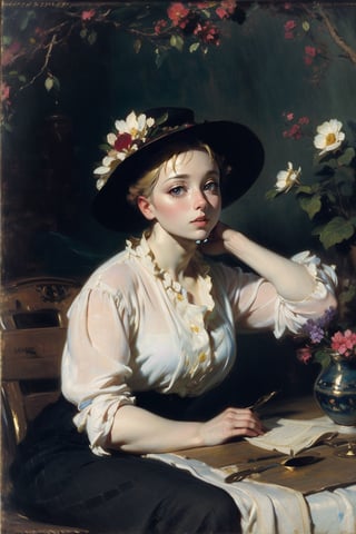 A girl wearing a floral dress, a flowered hat, capturing the essence of Manet's 'Spring', scenery,
(masterpiece, top quality, best quality, official art, beautiful and aesthetic:1.2), extreme detailed, highest detailed, ,Masterpiece,oil painting