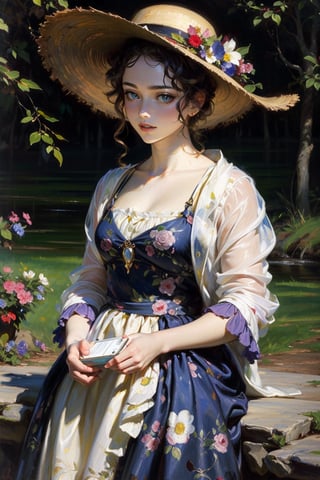 A girl wearing a floral dress, a flowered hat, capturing the essence of Manet's 'Spring', scenery,
(masterpiece, top quality, best quality, official art, beautiful and aesthetic:1.2), extreme detailed, highest detailed, ,Masterpiece,Color Booster