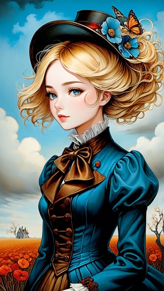A girl in the Victorian era, outdoor, blue sky, (masterpiece, top quality, best quality, official art, beautiful and aesthetic:1.2), (1girl:1.4), blonde hair, portrait, extreme detailed, highest detailed, springtime is in full swing,more detail XL, in the style of esao andrews,esao andrews style,esao andrews art,esao andrews