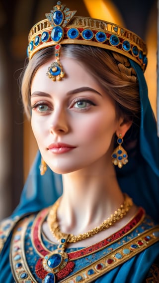 A portrait of Theodora, Byzantine Empress, radiating regal grace and strength in the style of Byzantine iconography. (masterpiece, top quality, best quality, official art, beautiful and aesthetic:1.2), (1girl:1.4), portrait, extreme detailed, highest detailed, simple background, 16k, high resolution, perfect dynamic composition, bokeh, (sharp focus:1.2), super wide angle, high angle, high color contrast, medium shot, depth of field, blurry background,more saturation 