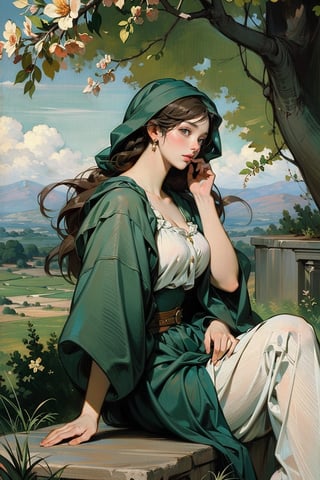 1 girl of the meadow, landscape, Renaissance beauty, by Raphael, masterpiece,renaissance,edgRenaissance,