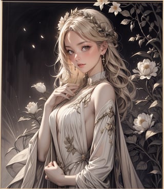 Art nouveau illustration of a girl with white robe in a colorful garden, portrait, sparkling beautiful eyes, blonde hair, flowers, garden, elaborate scene style, glitter, orange, realistic style, 8k,exposure blend, medium shot, bokeh, (hdr:1.4), high contrast, (cinematic, dark orange and white film), (muted colors, dim colors, soothing tones:1.3), low saturation, (hyperdetailed:1.2), perfect hands, perfect fingers, photorealistic, cinematic and dramatic back lighting. Alfons Mucha style, Art Nouveau Style,
The girl is standing gracefully amidst a lush garden bursting with vibrant blooms. She is adorned in a flowing gown woven from petals and leaves, her hair entwined with delicate blossoms, emitting a sweet fragrance that fills the air.,perfect light,greek clothes,gem,portrait,oil painting,ruanyi0273,mucha art style,classic painting,DonMSt34mP,illustration,fcloseup,1 girl