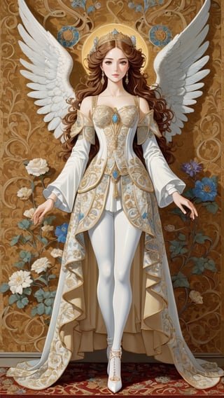 James C Christensen full body standing resplendent ornate female angel, wearing white taffeta and high heel shoes, tapestry background