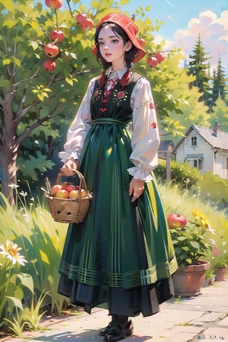 A medieval girl in traditional dress, picking apples from an apple tree, mysterious medieval, masterpiece,High detailed,watercolor,polish dress