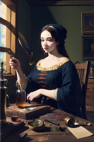 1girl, a medieval witch, makng a magic potion, various potion-making tools, dried herbs and plants, spring color palette, medieval traditional attire, magic potions, by Vermeer. masterpiece,More Detail, vivid colors, (masterpiece, top quality, best quality, official art, beautiful and aesthetic:1.2), extreme detailed, highest detailed, ,Colors,Color Booster,oil painting