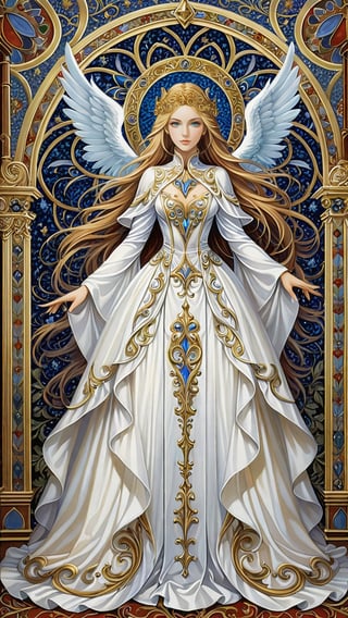 A resplendent ornate female angel, wearing white taffeta dress, tapestry background, by James C Christensen,