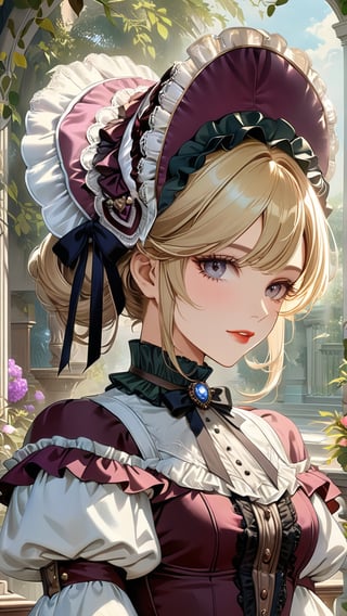 A girl in the Victorian era, outdoor, (masterpiece, top quality, best quality, official art, beautiful and aesthetic:1.2), (1girl:1.4), blonde hair, portrait, extreme detailed, highest detailed, colorful, ruff, puff, mantelet, bonnet, hoopdress