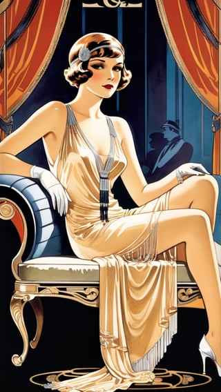 A poster, flapper girl, posing on the chaise lounge, (masterpiece, top quality, best quality, official art, beautiful and aesthetic:1.2),more detail XL,movie poster