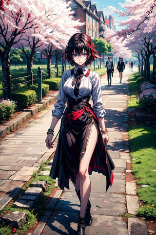 woman, student, beautiful, red eyes, black hair, sitting, in uniform, voluptuous, with hips.,rias gremory,pastelbg,high details, high quality, masterpiece, beautiful, (short medium length), a girl, (open eyes, short hair, black clothes, white shirt, red tie, pendant on the neck, bracelet, in the park, walking, cherry trees detailed
