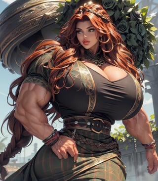 ((1girl, solo, overgrown ruins, teasing, intimidating, big hair, braids)), extremely massive gigantic muscular muscle woman with pumped massively swollen masculine muscles, dainty hands, enormous, hugely oversized, very large, ((ultra massive gigantic trapezius)), with extraordinarily gigantic bodybuilder muscles, ((intricate lacey black satin top, tartan_skirt, wrist wraps, utility belt, bronze highlights, decorated with black roses)), (roundest biggest eyes, longest eyelashes, Big lips, biggest ultra massive lips), smirk, ((extreme high hair volume, layers of wild outlandish massive auburn hair growth, wavy blowout, massive jewelled bronze headdress with outlandish wavy hair extensions tied up and back, extra volume)), ((massively muscular thick neck, very tall neck)), (has Ultra Massive muscular arms with Gigantic biceps, massively bigger biceps), ((massively bigger trapezius)), brutalmass,b1mb0,viking