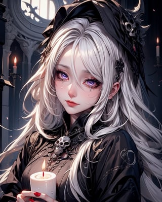 （tmasterpiece,best qualtiy）, solo,A white-haired woman holds a candle,anime skull portrait woman,beautiful necromancer girl,beautiful girl necromancer,,Smoky, flowing white hair,Harsh eyes,paleskin,black eyeshadows,Black blood and tears,Gothic shoujo anime characters,beautiful necromancer,gothic fantasy art,dark fantasy style art, white-haired god,Portrait of a female necromancer,Female necromancer,goddess of death,Dark moody lighting,with light glowing,mistic,magical,edge lit