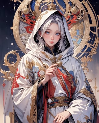 1 man in a snow-covered hoodie with red and blue accents ,holding a dying flame in his hands, The head is playfully tilted to the side, silver haired, hairlong, white colored hair, white robe, Ecclesiastical symbolism, Statue, realisti, (tmasterpiece, hiquality, beste-Qualit, Official art, Beautiful and aesthetically pleasing: 1.2), Extremely detailed, s fractal art, colourful, As detailed as possible, zentangle